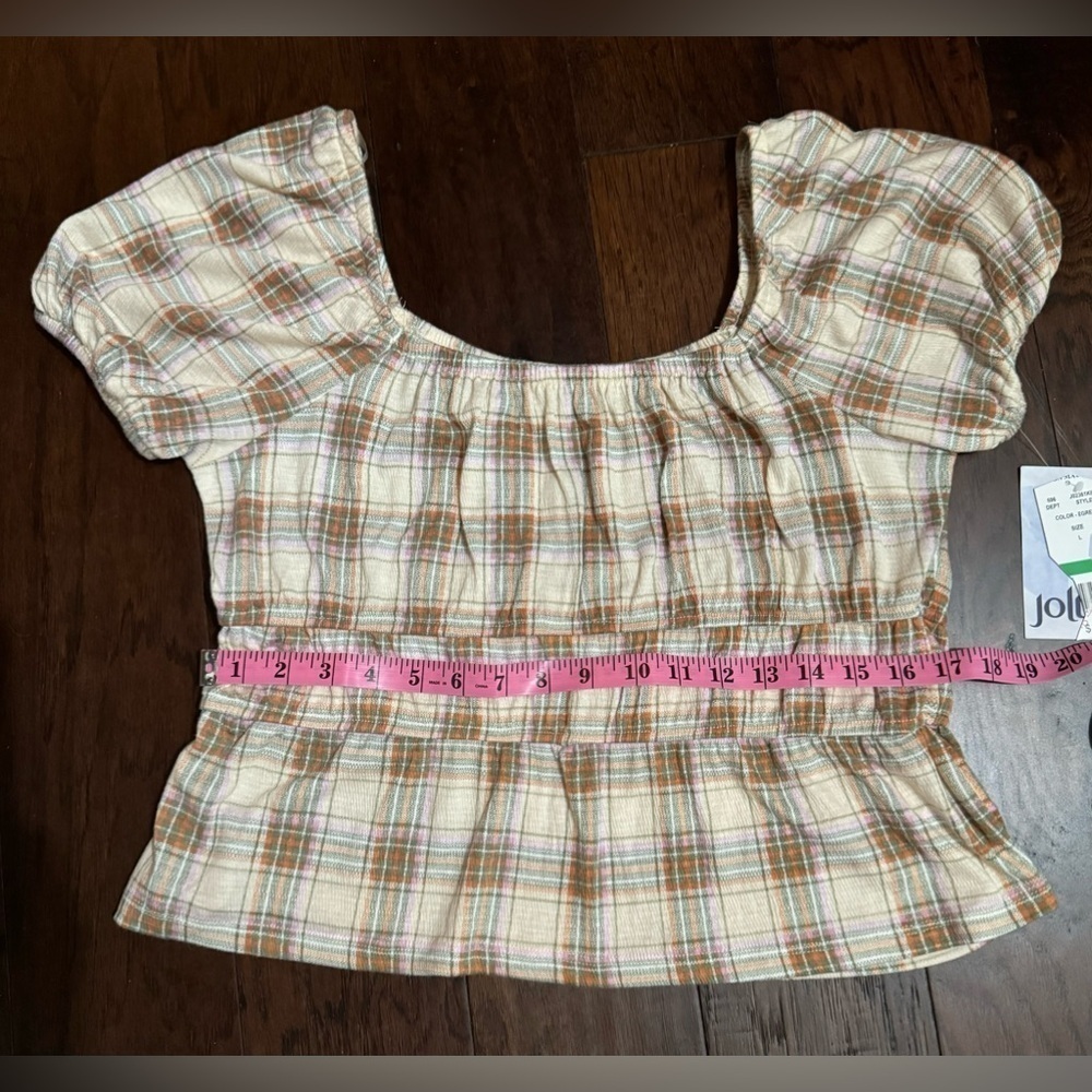 JOLT Women’s Plaid Print Short Puff Sleeve Flutter Top Size Large NWT - Picture 7 of 11
